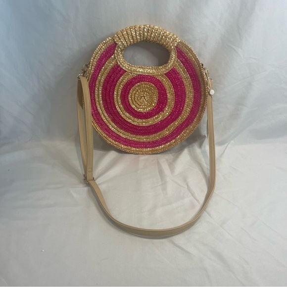 Mud Pie NWT Round Straw Bag with Hot Pink Circles Shoulder Strap and Handles - Picture 3 of 16